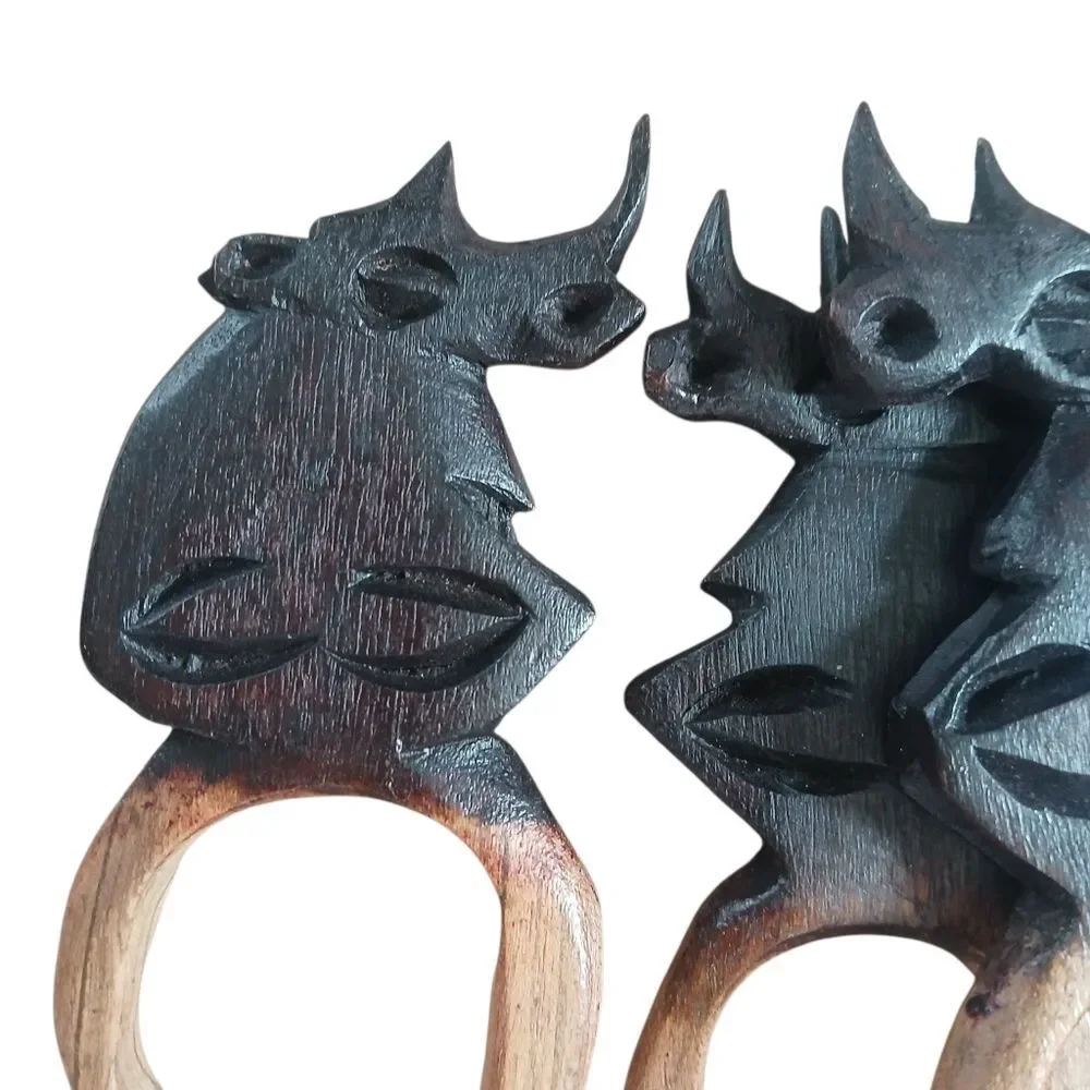 Vintage 80's Hand Carved Napkin Rings Wood Polished Artisan Ethnic Rhino Animals